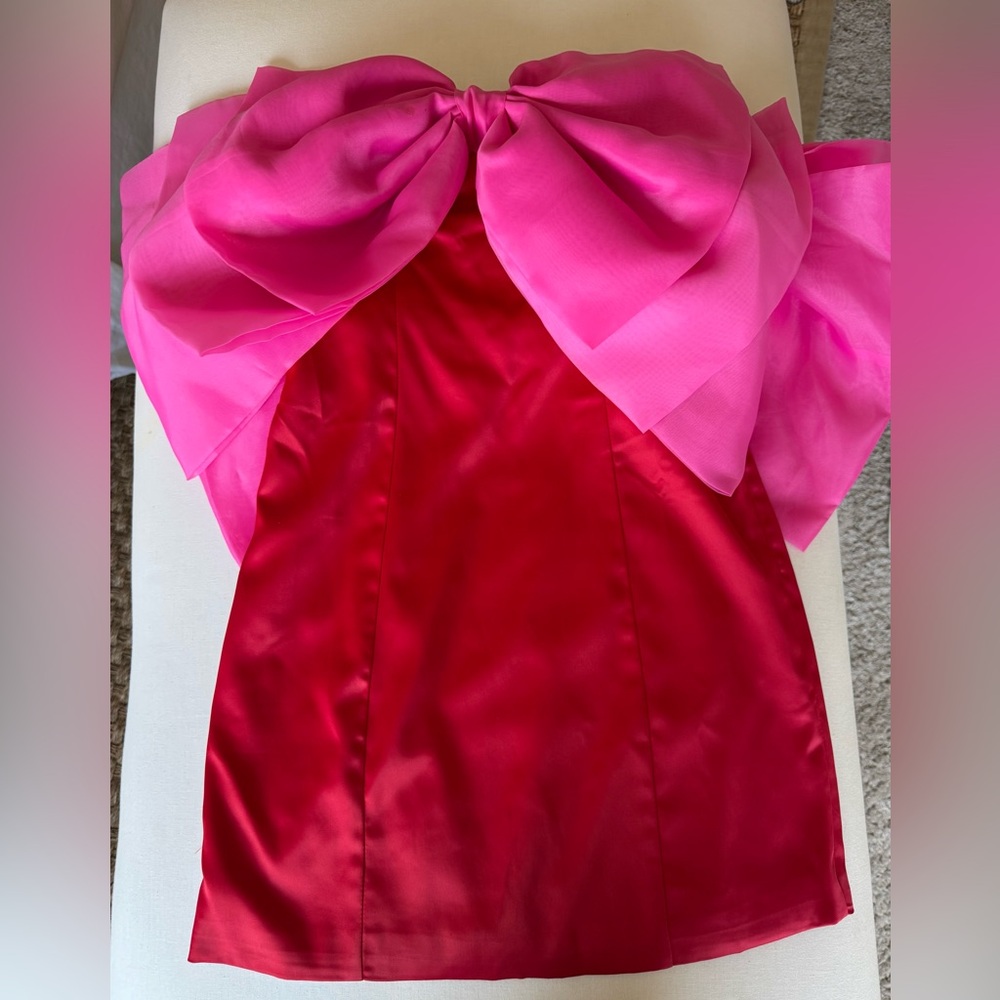 Red satin strapless mini Dress with BIG Pink Bow Accent on front and back!